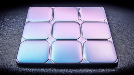 A metallic grid featuring nine rounded square buttons with an iridescent finish, set against a dark, textured background.