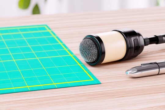 A microphone and a silver pen are placed on a wooden desk next to a green cutting mat with yellow grid lines.