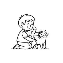 Happy young boy petting a contented cat in a simple line drawing style
