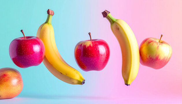 Apples and bananas floating against a vibrant gradient background.