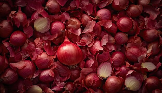 A dense pile of whole red onions, one standing upright in the center, on a dark textured surface - Powered by Adobe
