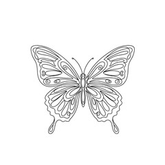 Intricate black and white outline of a detailed butterfly with ornate wing patterns