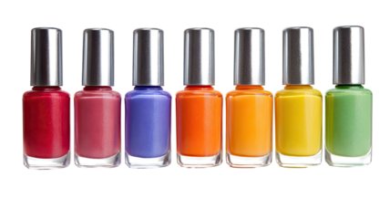 Seven colorful nail polish bottles aligned