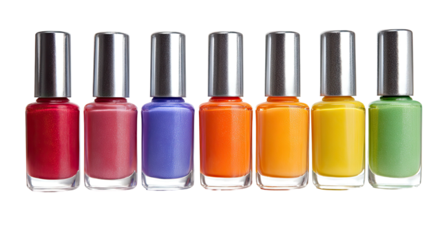 Seven colorful nail polish bottles aligned
