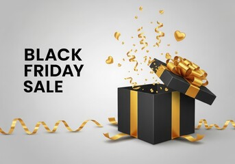 Black friday sale open gift box gold confetti, festive shopping concept