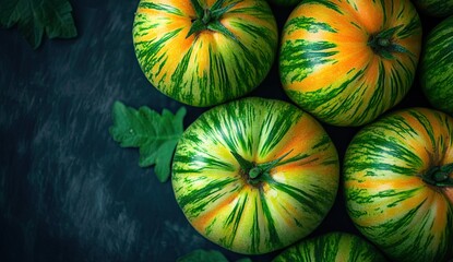 Four striped heirloom tomatoes with vibrant green and orange patterns, placed on a rustic metal surface