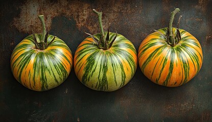 Three striped heirloom tomatoes with vibrant green and orange patterns, placed on a rustic metal surface