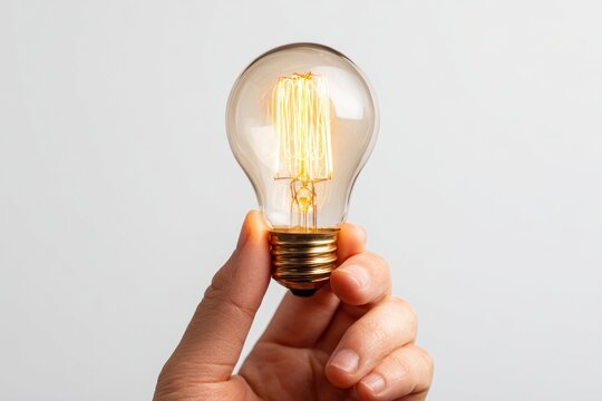 A hand tightly grips a clear light bulb glowing softly. The design features visible filaments and a warm light, highlighting the charm of vintage lighting in a modern setup - Powered by Adobe