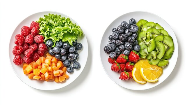 Two white plates side by side on a wooden table: one with a colorful salad of lettuce, raspberries, and carrots; the other with blueberries, kiwi, and orange slices