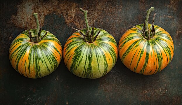 Three striped heirloom tomatoes with vibrant green and orange patterns, placed on a rustic metal surface