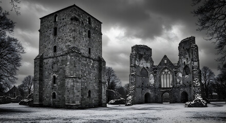 A monochrome view shows stone ruins a tower and a building on a snowcovered ground under a cloudy sky
