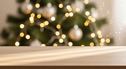 Empty wooden table with blurred Christmas tree lights in background
