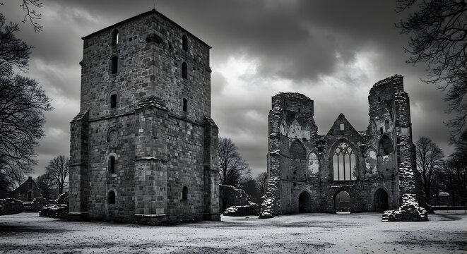 A monochrome view shows stone ruins a tower and a building on a snowcovered ground under a cloudy sky
