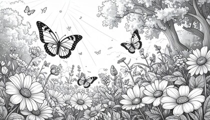 Coloring page, flower theme with butterflies and sunshine