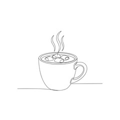 Steaming hot coffee cup with frothy top and handle in simple line art style