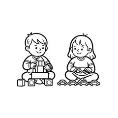 Two happy children playing with building blocks and toy cars in a simple line drawing