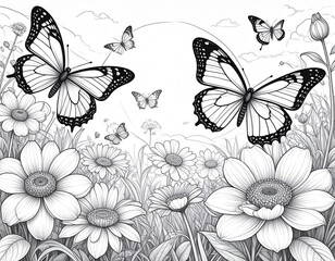 Coloring page, flower theme with butterflies and sunshine