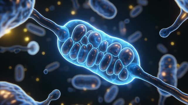 Microscopic 3D view of mitochondria organelle in dark background with glowing lights