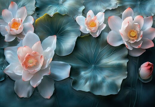 An artistic arrangement of pink lotus flowers with green leaves on a dark teal water surface - Powered by Adobe