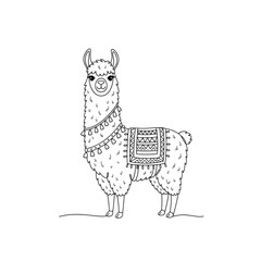 Obraz premium Whimsical outline drawing of a friendly llama wearing a decorative saddle