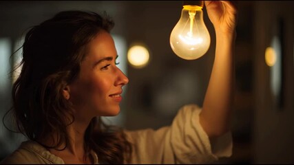 Thoughtful woman gazes at glowing light bulb in dim room, symbolizing hope, resilience, and ideas during debt crisis, inspiring solutions