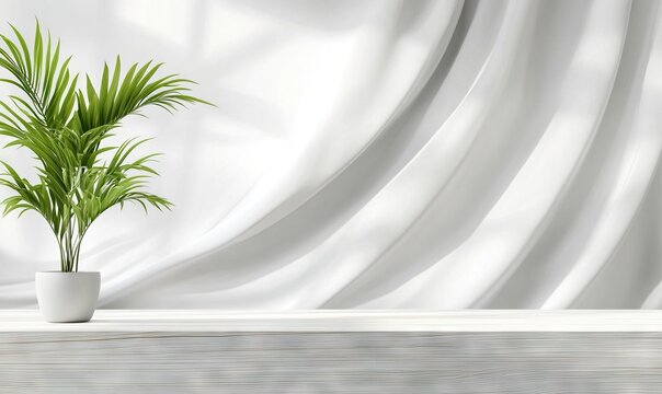 A potted palm plant in a white room with flowing white curtains and soft natural light