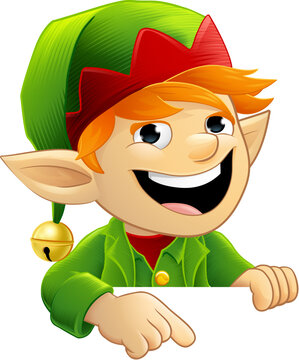 Christmas elf Santa Claus helper cartoon character peeking around a sign illustration