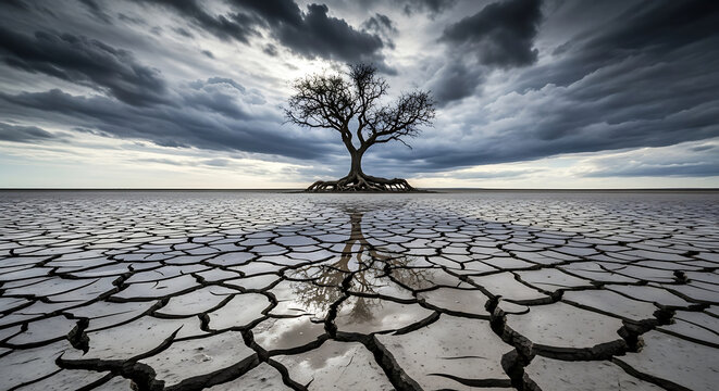 Lone Tree with Exposed Roots on Cracked Earth under Dramatic Sky