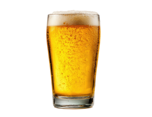 Refreshing, cold beverage with frothy head, clear, golden liquid