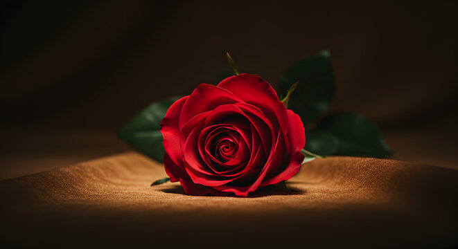 A single red rose lies on tan textured fabric against a dark background showcasing its velvety petals - Powered by Adobe