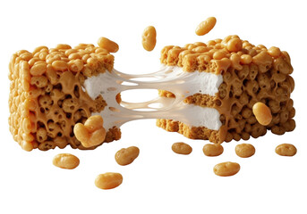Marshmallow cereal treat with melted center and falling crispy cereal