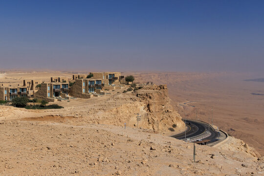 Road on the cliff at Ramon Crater in Mizpe Ramon in Negev desert, Israel