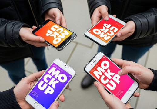 Mockup of four teenagers holding 4 smartphones