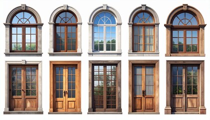 Obraz premium Windows and doora of different types isolated on white. 3d illustration