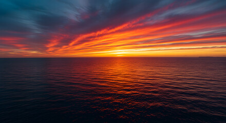 Fototapeta premium A vibrant sunset over a calm ocean with fiery colors reflected in the water