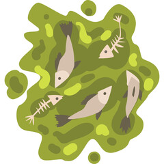 Illustration of dead fish and fish bones floating in murky green water with transparent background