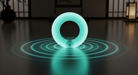Glowing ring emitting teal ripples on a reflective surface