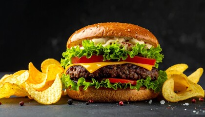 sandwich with burger, cheese, tomatoes, salad and chips 