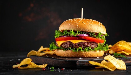 sandwich with burger, cheese, tomatoes, salad and chips 