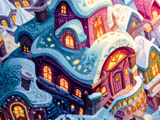 Obraz premium Colorful winter village scene with snow-covered rooftops and warm glowing windows for holiday spirit