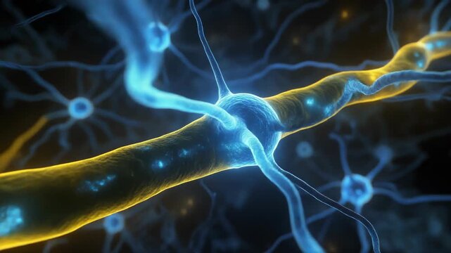 Microscopic 3D view of a nerve impulse traveling along a neuron