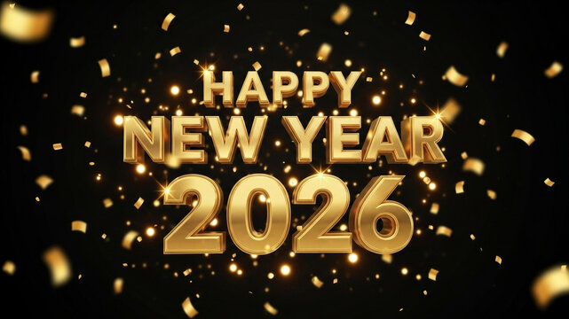 Luxurious Happy New Year 2026 design in 3D gold letters with glowing confetti, ideal for corporate e-cards, holiday marketing visuals and celebratory event announcements