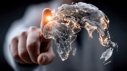 A person's hand and finger interact with a glowing, interconnected digital representation of the Earth, highlighting continents and illuminated cities.