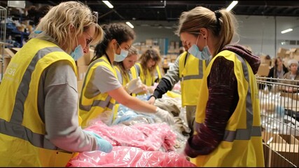Volunteers yellow vests and face masks sort clothing donations and donated clothes warehouse for crisis debt relief, supporting volunteer donation - Powered by Adobe