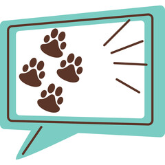Illustration Of Four Brown Paw Prints Inside A Teal Speech Bubble Against A Transparent Background With Light Rays Emanating To The Right