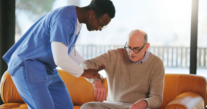 Nurse, home and help old man to get up with support, healthcare and homecare. Caregiver, senior person and medical assistance in living room for aid, community care and rehabilitation in retirement