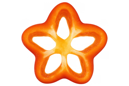 Red bell pepper slice cross-section forming a star shape, showing fresh vibrant orange and yellow colors on transparent background