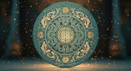 Ornate teal and gold chinese roundel with dragons