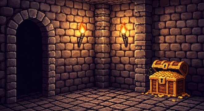 Pixel art dungeon room with treasure chest and torches