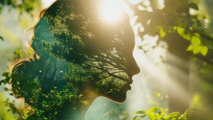 double exposure of beautiful woman face profile silhouette and green forest. Environment protection, saving forests, ecology, breathing exercises, mental health, unity with nature, meditation, calm